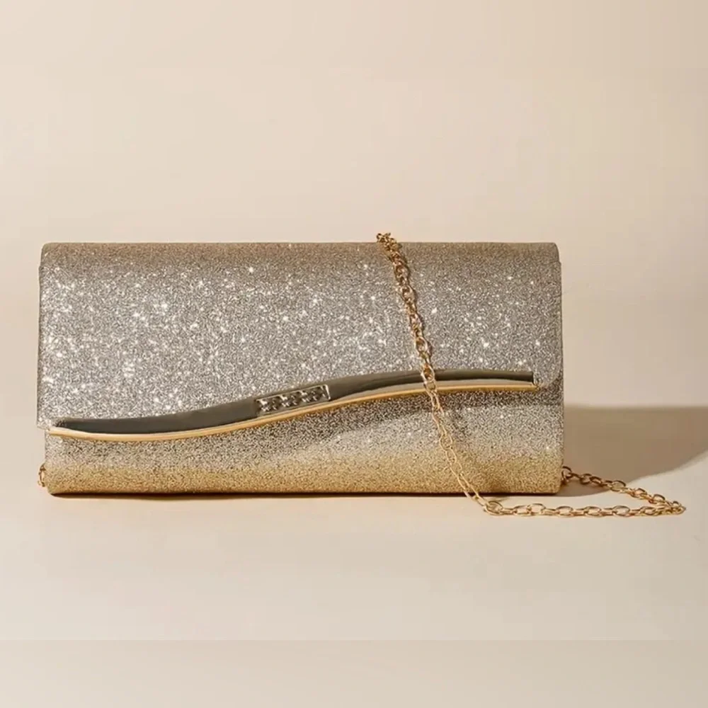 Golden Glitter Evening Clutch Bag, Elegant Small Crossbody with Chain Strap